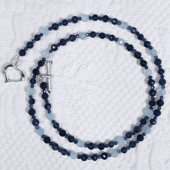 🆕️ 18" Genuine Blue Sapphire Aquamarine Beaded Necklace faceted gemstone silver - Picture 2 of 9